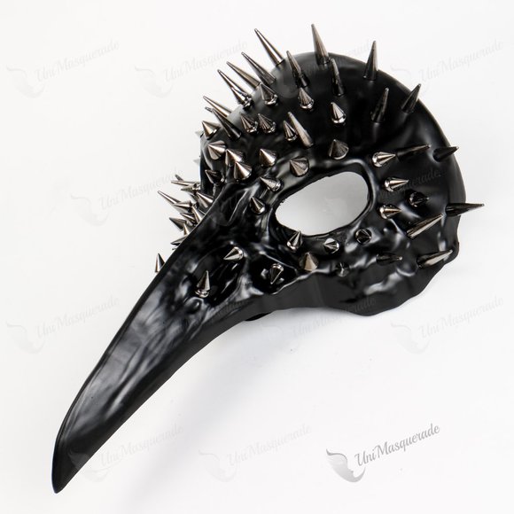 Steampunk Raven Skull Plague doctor Bird With Silver Spikes Halloween Black Mask - Picture 1 of 3
